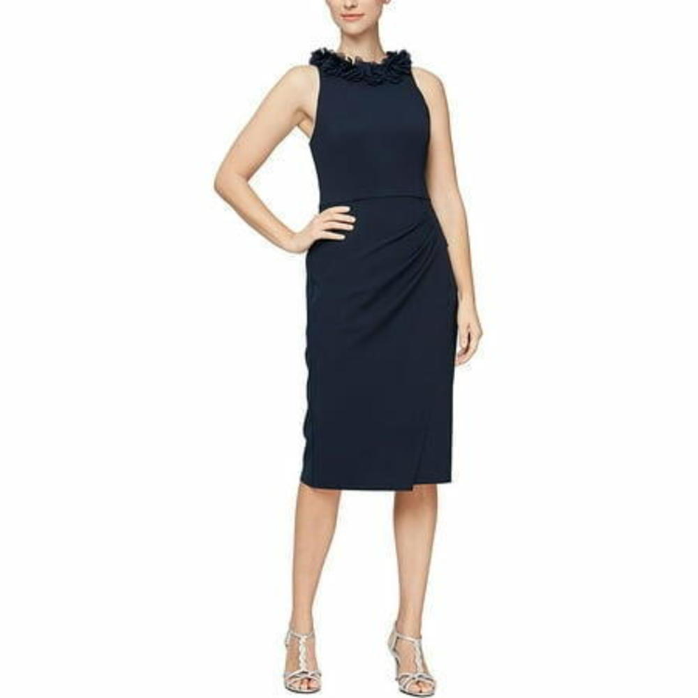 Alex & Eve Floral-Neck Blue Sheath Dress 10 - Picture 2 of 2